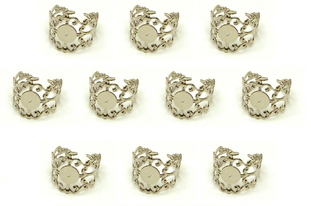 Anillos Ajustables de Filigrana Chapado en Plata – 10pzs para Joyería en Vitrofusión